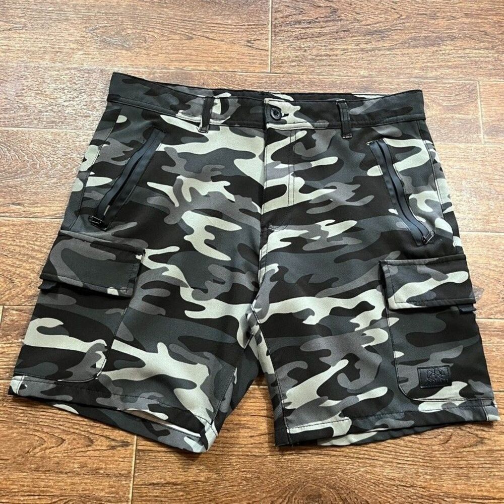 Ring of Fire Camo Cargo Shorts Mens 32 Tactical Utility Urban Streetwear Y2K